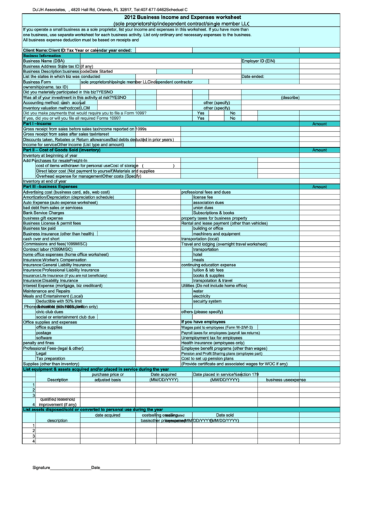 Business Income And Expenses Worksheet Printable pdf