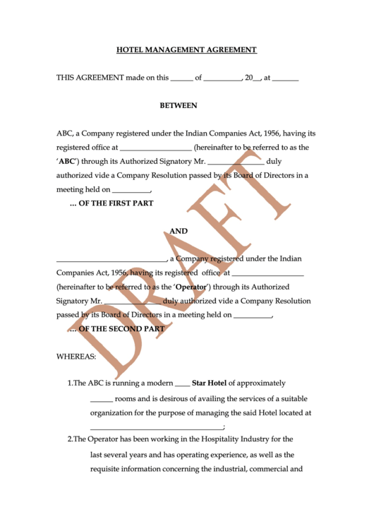 Hotel Management Agreement Draft Printable pdf