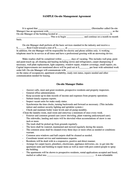 Sample On-Site Management Agreement Printable pdf