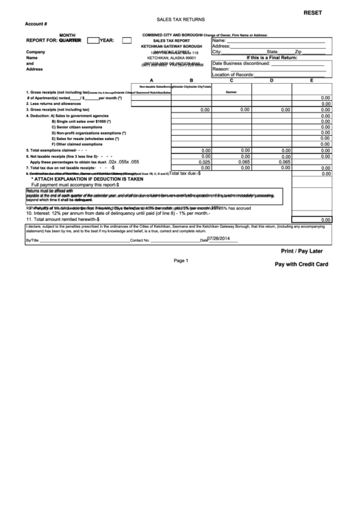 Fillable Sales Tax Returns - Sales Tax Report Ketchikan Gateway Borough Printable pdf