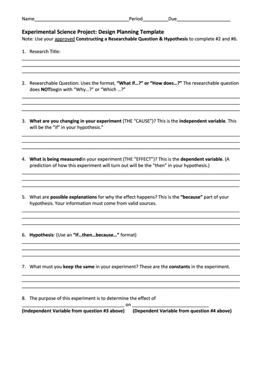 Experimental Science Project - Design Planning Template
