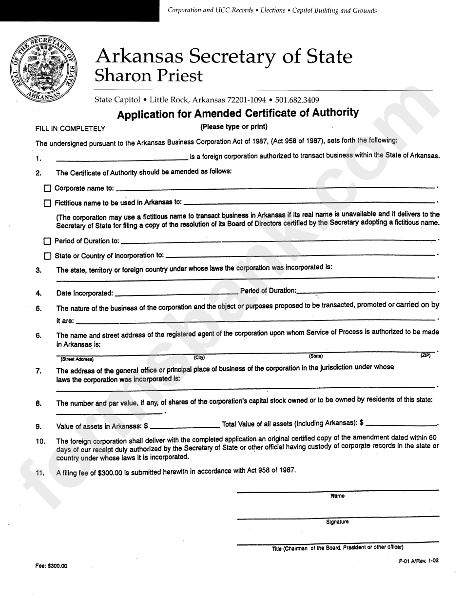 Form F-01 A - Application For Amended Certificate Of Authority