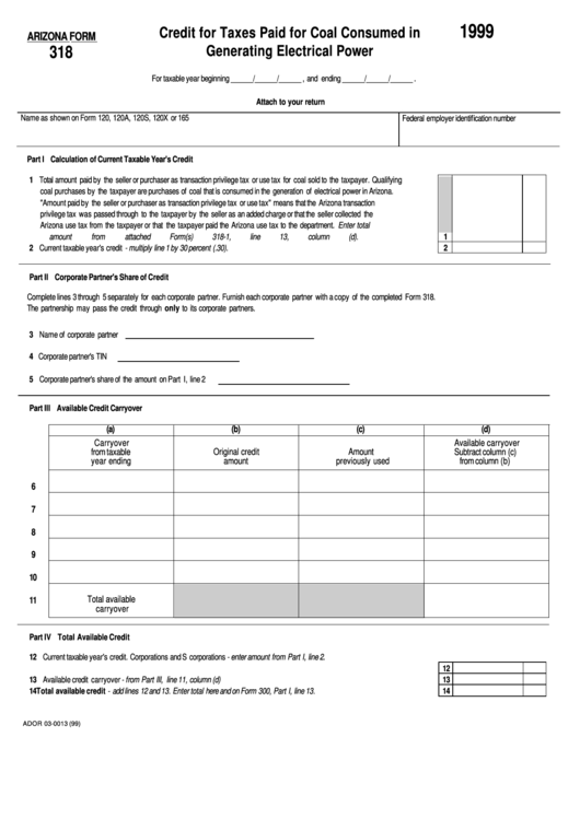 Form 318 - Credit For Taxes Paid For Coal Consumed In Generating Electrical Power Printable pdf