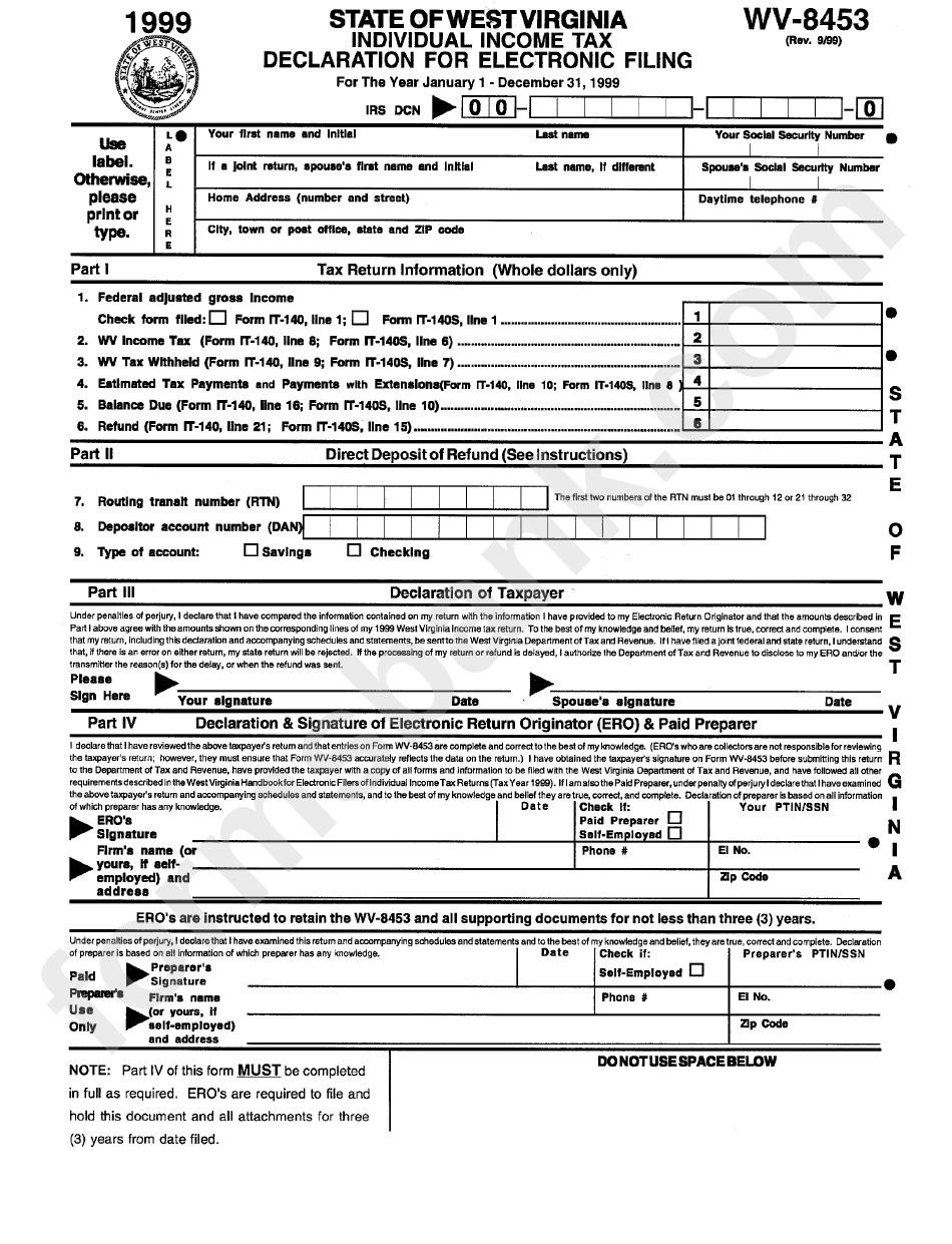 Form Wv-8453 - Individual Income Tax Declaration For Electronic Filing