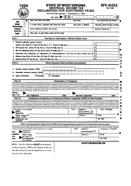 Form Wv-8453 - Individual Income Tax Declaration For Electronic Filing Printable pdf