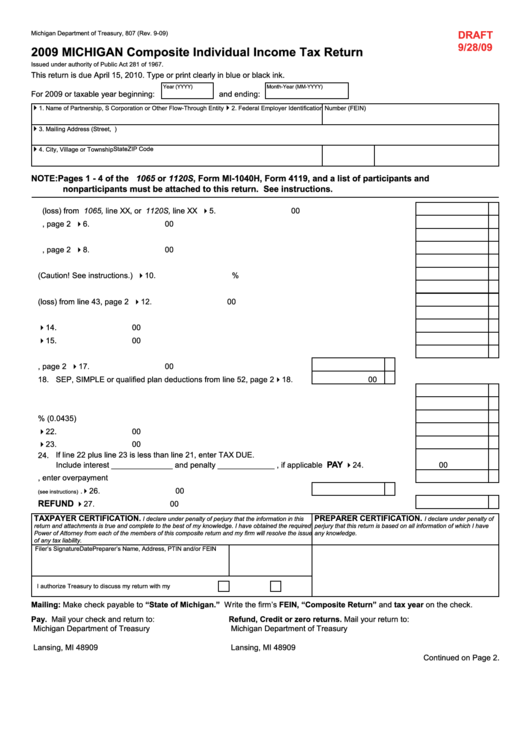 Form 807 Draft - Michigan Composite Individual Income Tax Return - 2009 Printable pdf