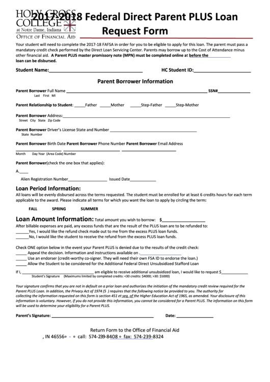 2017-2018 Federal Direct Parent Plus Loan Request Form Printable pdf