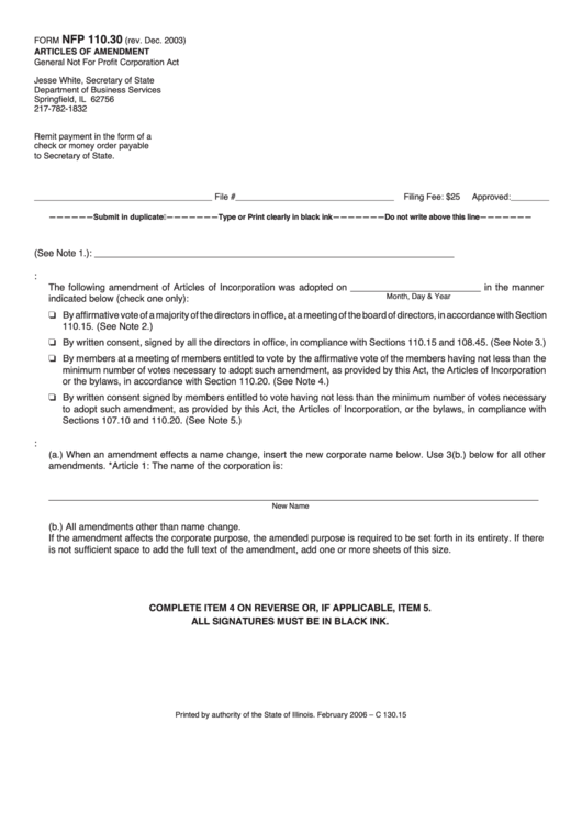 Fillable Form Nfp 110.30 - Articles Of Amendment General Not For Profit Corporation Act - Illinois Secretary Of State Printable pdf