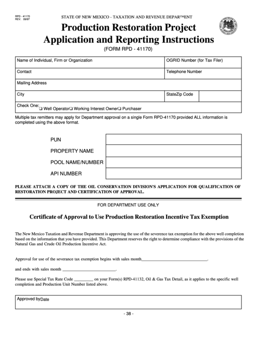 Form Rpd - 41170 - Production Restoration Project Application And Reporting Instructions Printable pdf