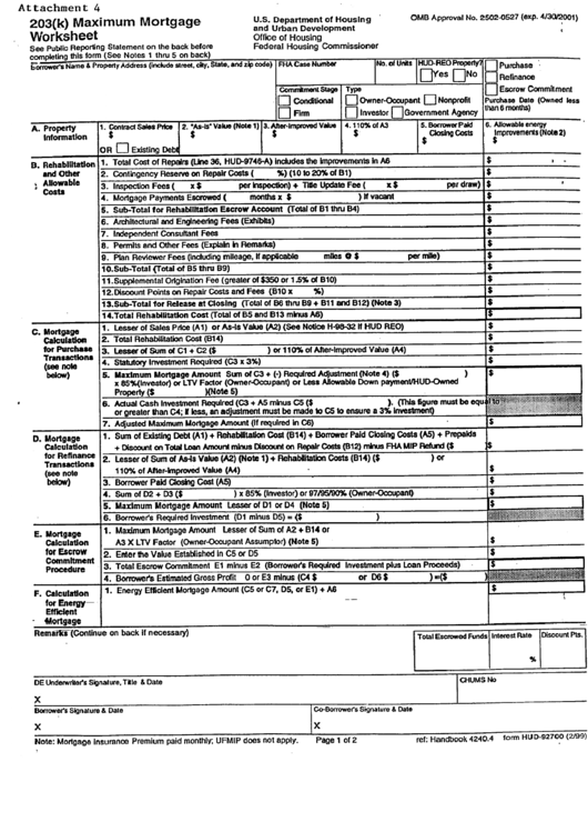 Form Hud-92700 - 203(K) Maximum Mortgage Worksheet Printable pdf