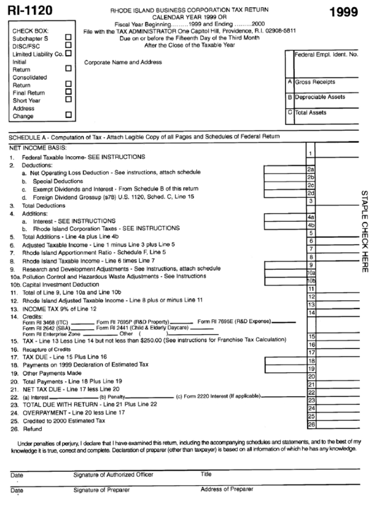 Form Ri-1120 - Rhode Island Business Corporation Tax Return Printable pdf