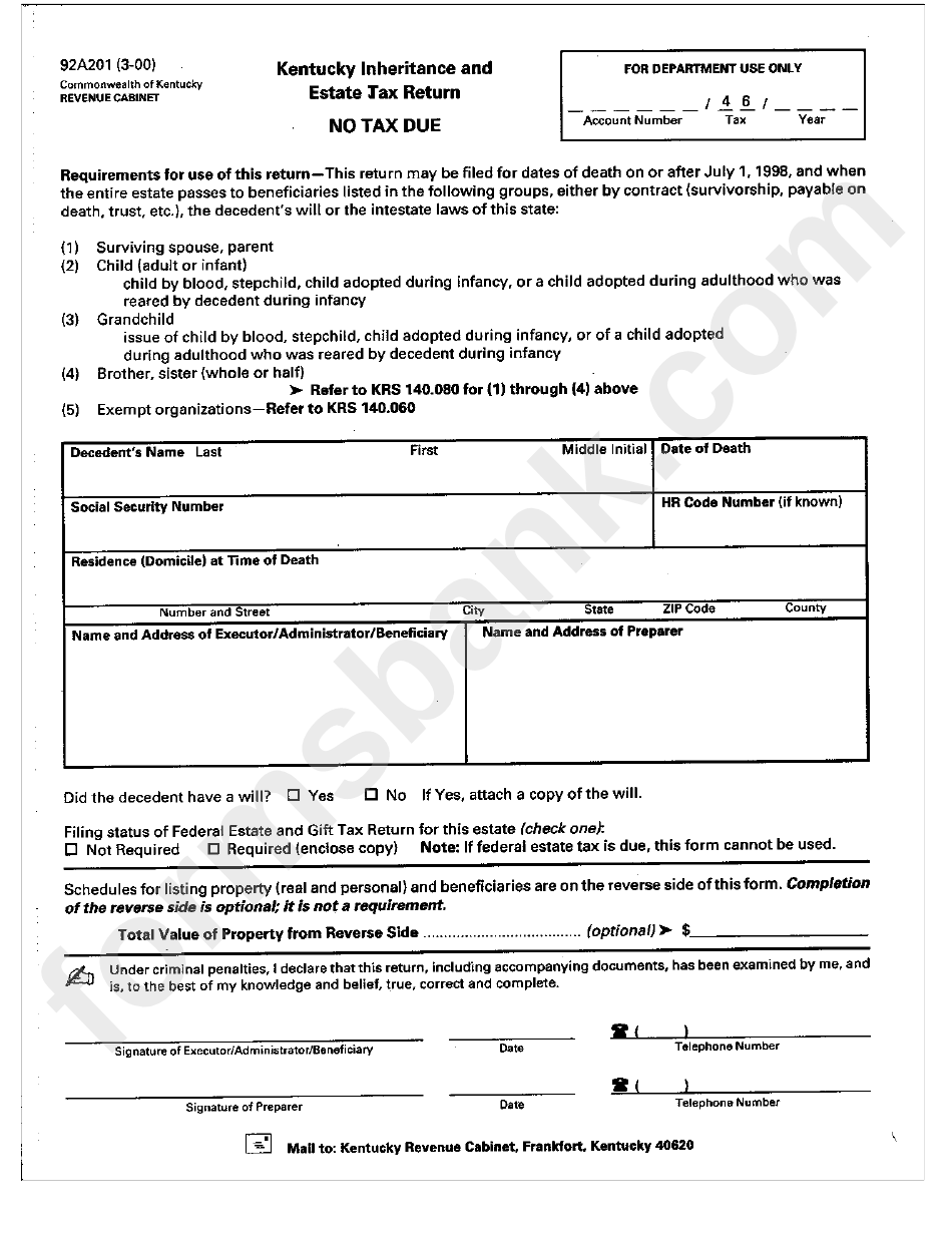 Form 92a201 - Kentucky Inheritance And Estate Tax Return
