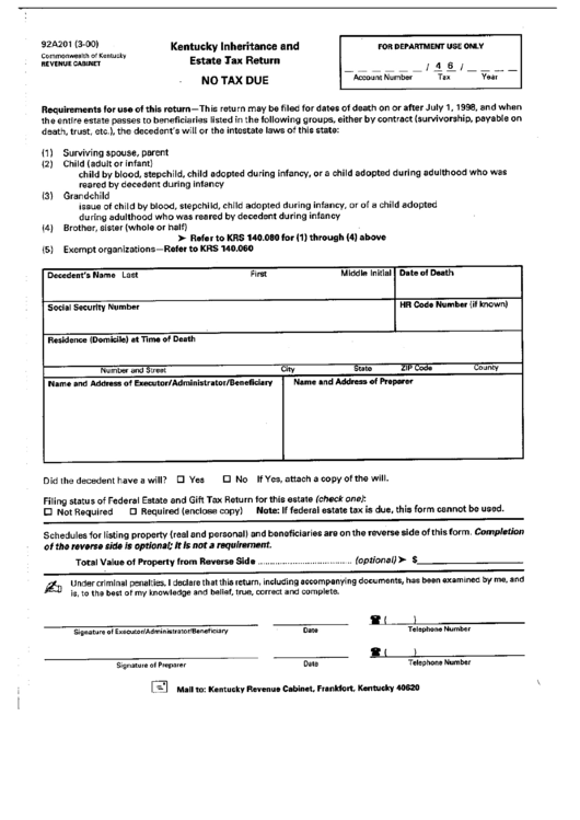 Fillable Form 92a201 - Kentucky Inheritance And Estate Tax Return Printable pdf