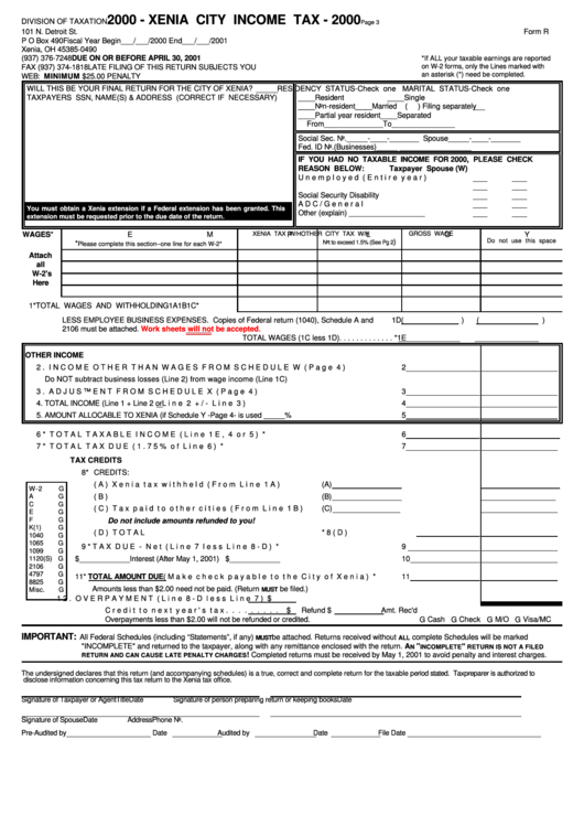 Form R - Xenia City Income Tax - 2000 Printable pdf