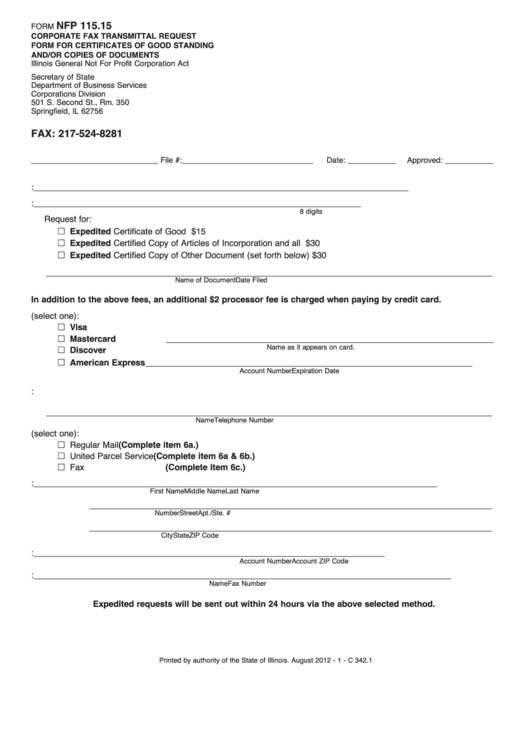 Fillable Form Nfp 115.15 - Corporate Fax Transmittal Request Form For Certificates Of Good Standing And/or Copies Of Documents - 2012 Printable pdf