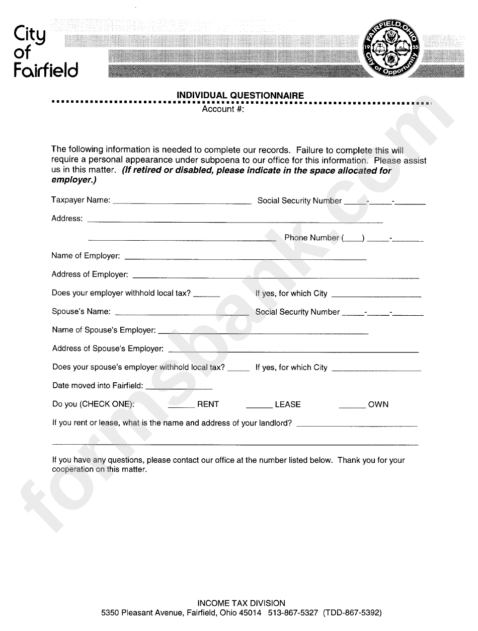 Individual Questionnaire Form - Income Tax Division - Ohio