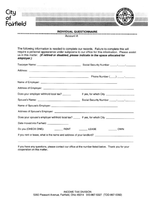 Individual Questionnaire Form - Income Tax Division - Ohio Printable pdf