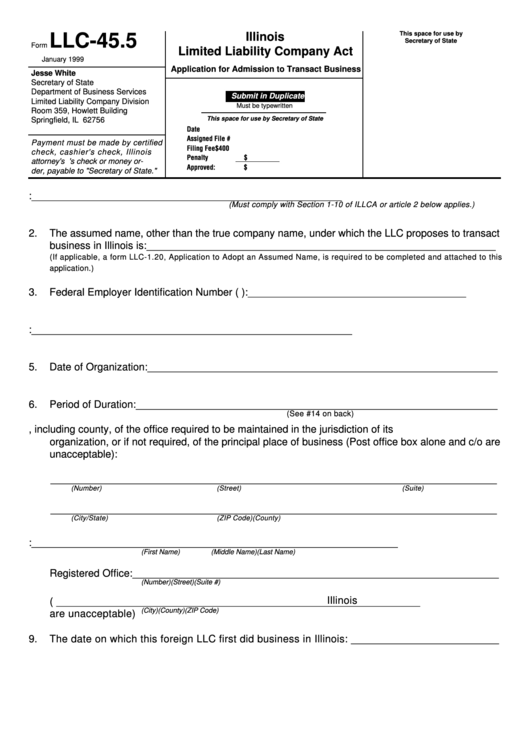 Form Llc-45.5 - Limited Liability Company Act Application For Admission To Transact Business Printable pdf