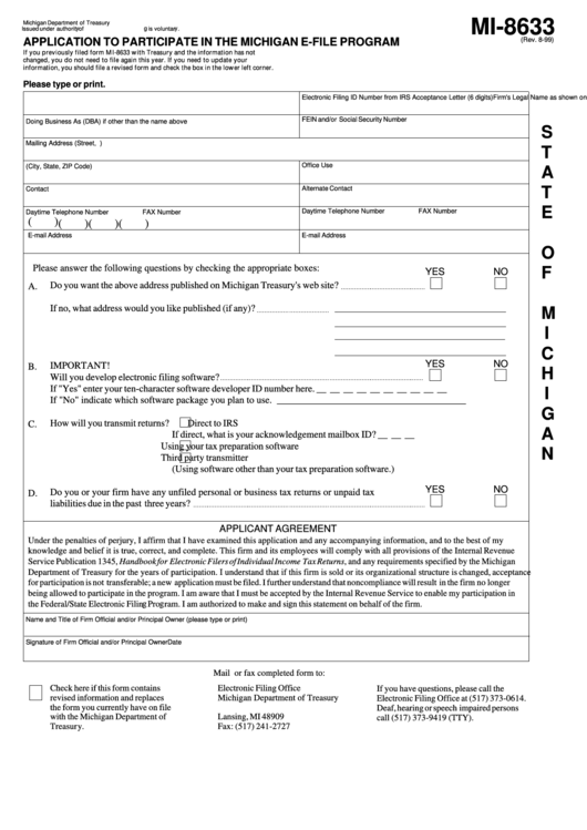 Form Mi-8633 - Application To Participate In The Michigan E-File Program Printable pdf