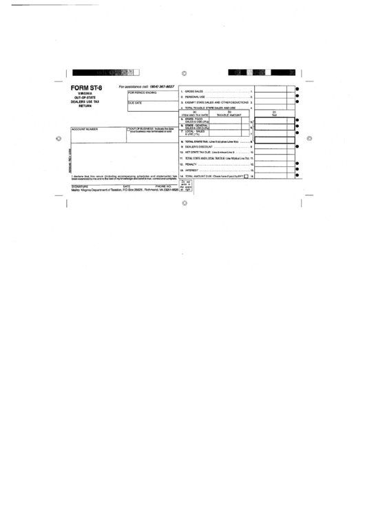 Form St-8 - Virginia Out-Of-State Dealers Use Tax Return Printable pdf