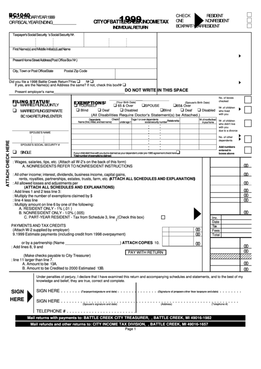 Form Bc1040 - City Of Battle Creek Income Tax Individual Return - 1999 Printable pdf