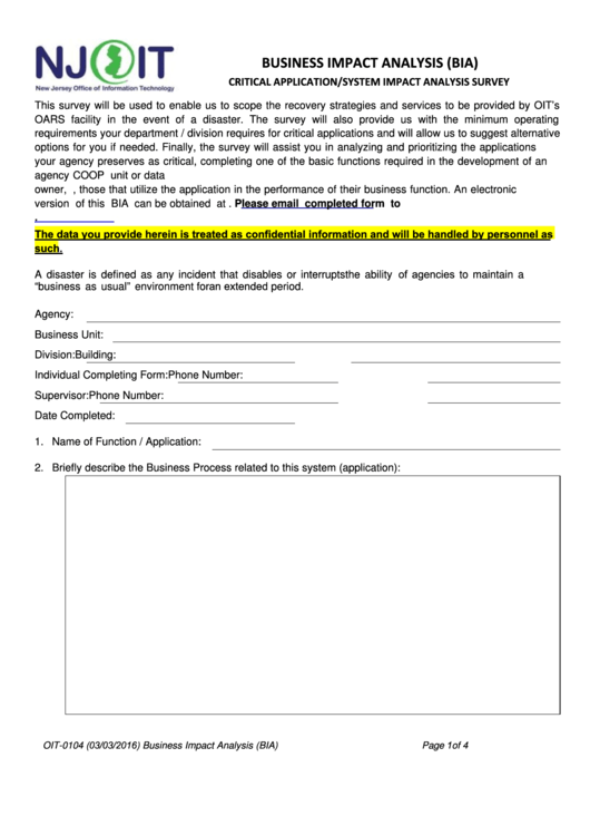 Form Oit-0104 - Business Impact Analysis (bia) - Critical Application/system Impact Analysis Survey