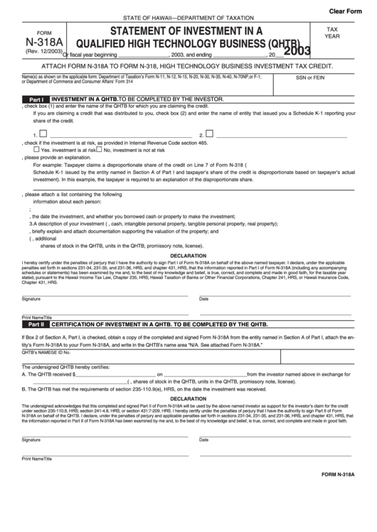 Fillable Form N-318a - Statement Of Investment In A Qualified High Technology Business (Qhtb) - 2003 Printable pdf