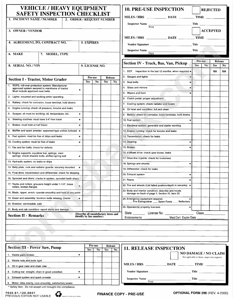 Optional Form 296 Vehicle heavy Equipment Safety Inspection Checklist Printable Pdf Download