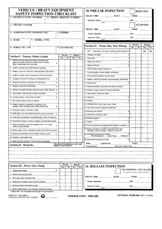 Optional Form 296 - Vehicle/heavy Equipment Safety Inspection Checklist Printable pdf