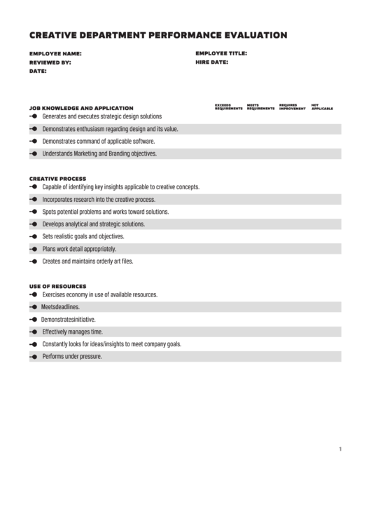 Fillable Creative Department Performance Evaluation Printable pdf