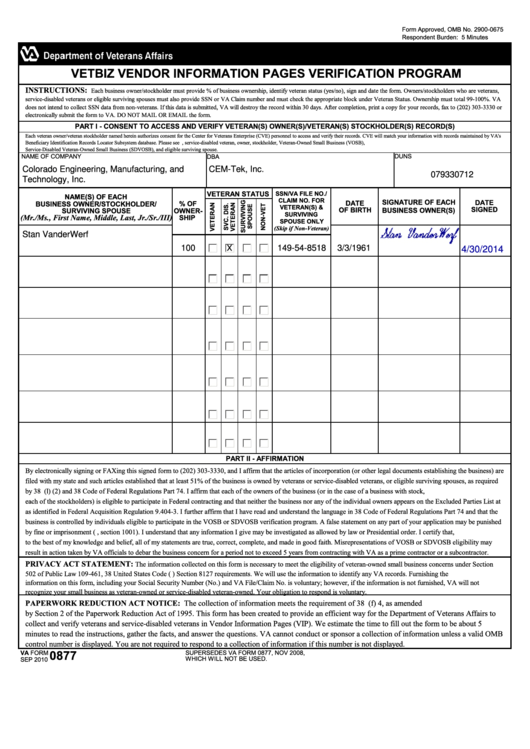 Va Form 0877 - Vetbiz Vendor Information Pages Verification Program Printable pdf