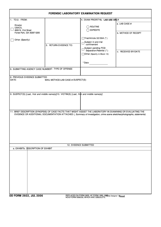 Fillable Dd Form 2922 - Forensic Laboratory Examination Request Printable pdf
