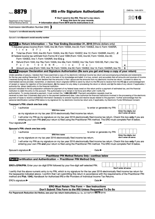 Form 8879 - Irs E-File Signature Authorization -2016 Printable pdf