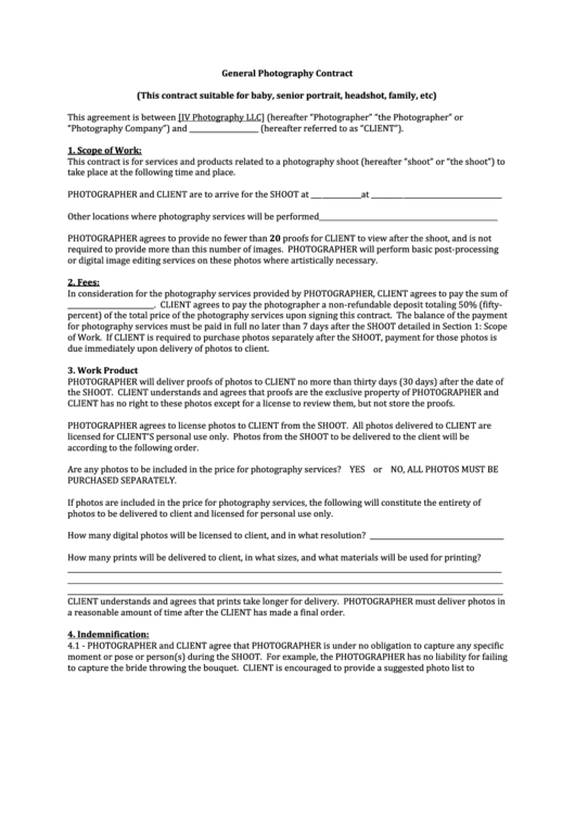 General Photography Contract (This Contract Suitable For Baby, Senior Portrait, Headshot, Family, Etc) Printable pdf