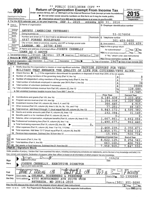 Form 990 - Return Of Organization Exempt From Income Tax - 2015 Printable pdf