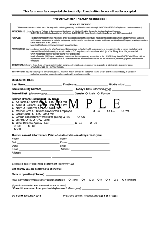 Dd Form 2795 - Privacy Act Statement (Sample) - Pre-Deployment Health Assessment Printable pdf