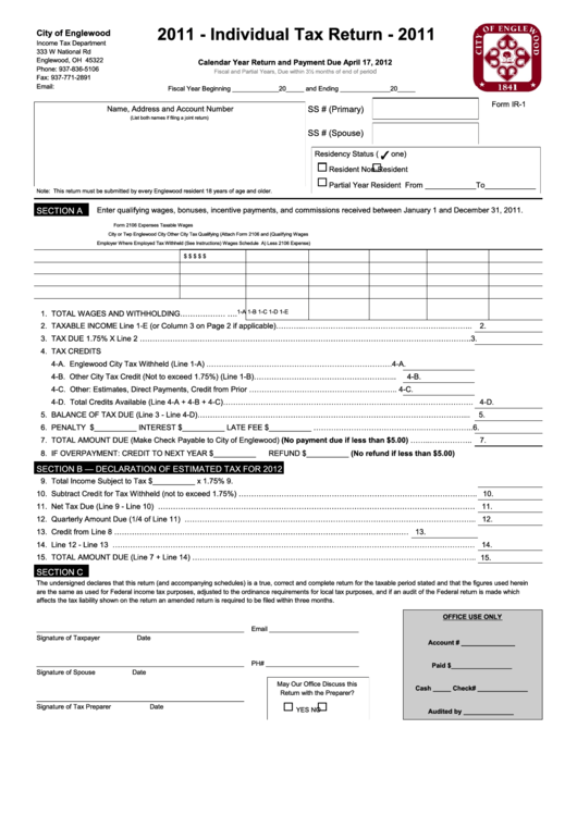 Form Ir-1 - Individual Tax Return, City Of Englewood, Ohio - 2011 Printable pdf