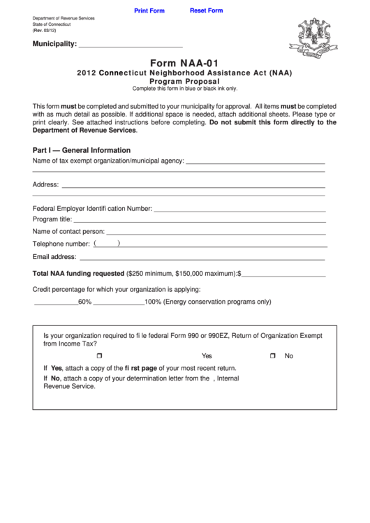 Fillable Form Naa-01 - Connecticut Neighborhood Assistance Act (Naa) Program Proposal - 2012 Printable pdf