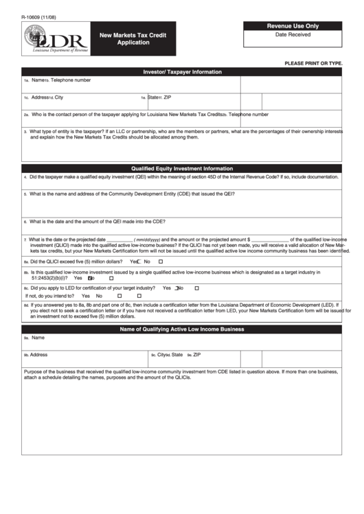 Fillable Form R-10609 - New Markets Tax Credit Application - Louisiana Department Of Revenue Printable pdf