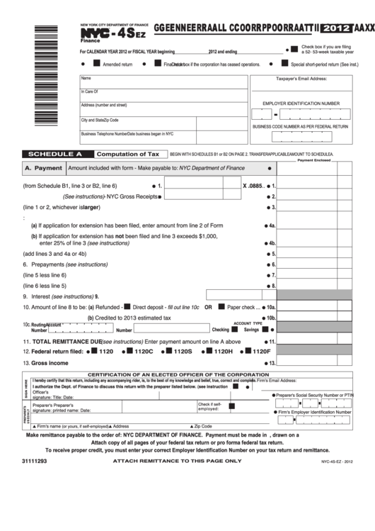 Fillable Form Nyc-4sez - General Corporation Tax Return - 2012 Printable pdf