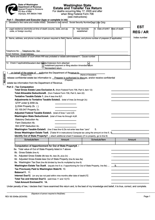 Form Rev 85 0049e - Washington State Estate And Transfer Tax Return Printable pdf
