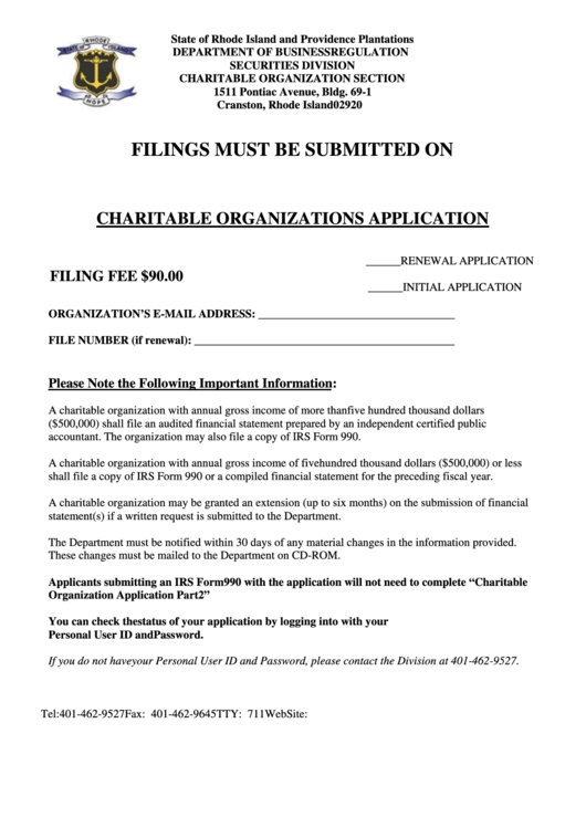 Fillable Charities Form - Charitable Organizations Application - Rhode Island Department Of Business Regulation Printable pdf