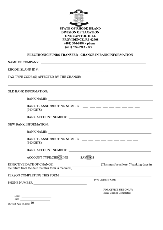 Electronic Funds Transfer - Change In Bank Information - Rhode Island Division Of Taxation Printable pdf