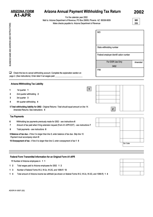 Arizona Form A1-Apr - Arizona Annual Payment Withholding Tax Return - 2002 Printable pdf
