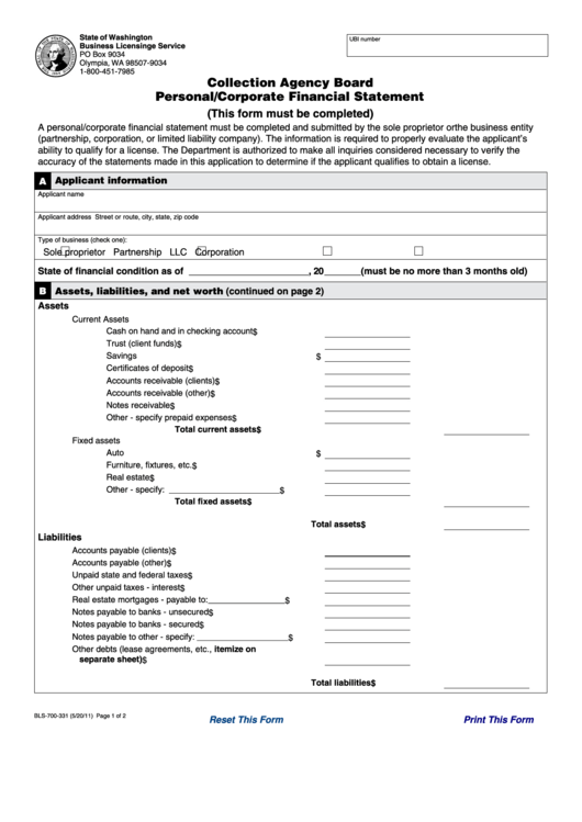Fillable Form Bls-700-331 - Collection Agency Board Personal/corporate Financial Statement - State Of Washington Printable pdf