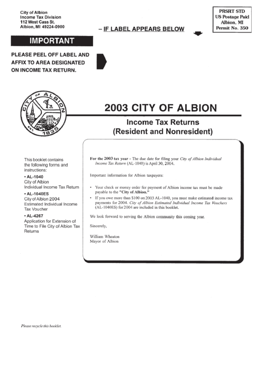 Income Tax Returns(Resident And Nonresident) - City Of Albion, Michigan - 2003 Printable pdf