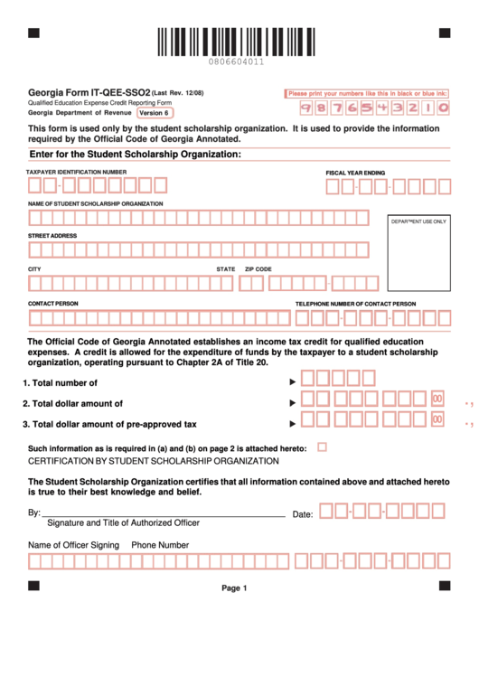 Georgia Form It-Qee-Sso2 - Qualified Education Expense Credit Reporting Form Printable pdf