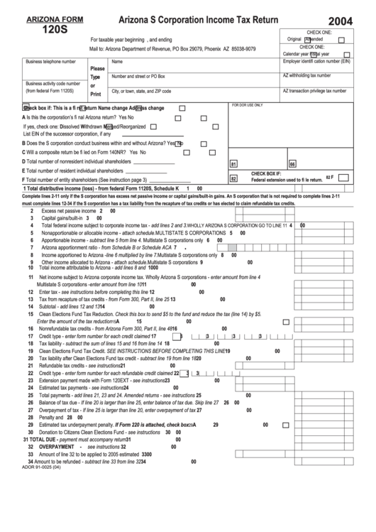 Fillable Arizona Form 120s - Arizona S Corporation Income Tax Return - 2004 Printable pdf