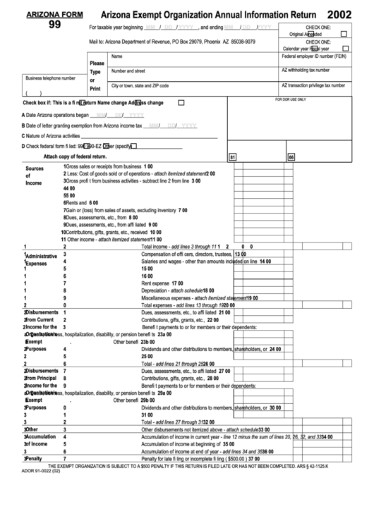 Arizona Form 99 - Arizona Exempt Organization Annual Information Return - 2002 Printable pdf