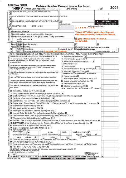 Fillable Arizona Form 140py - Part-Year Resident Personal Income Tax Return - 2004 Printable pdf